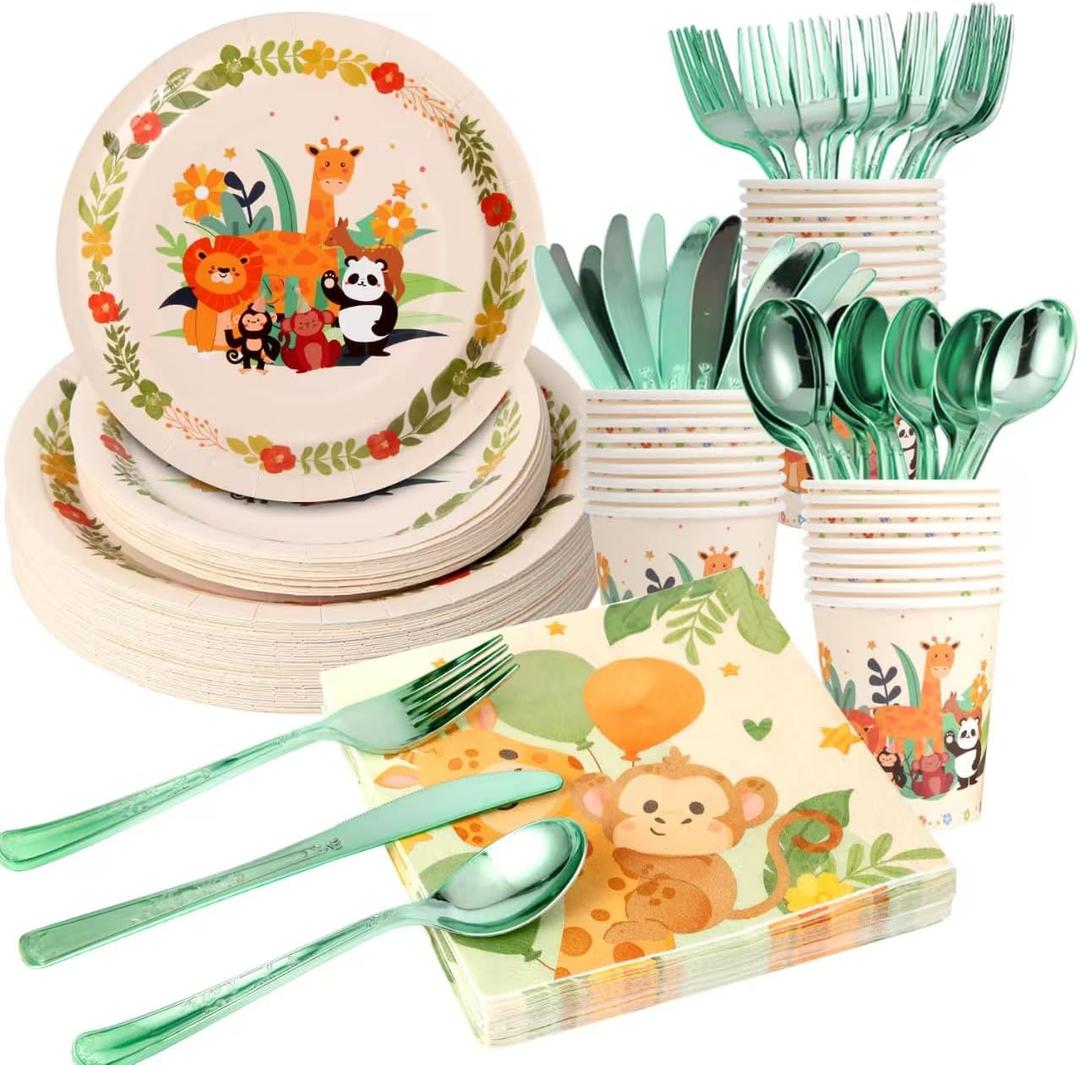 175 PCS Jungle Party Plate Set, Animal Theme Party Decorations, Wildlife Theme Disposable Tableware Set, Kids Birthday Plate Decorations. (25 guests)