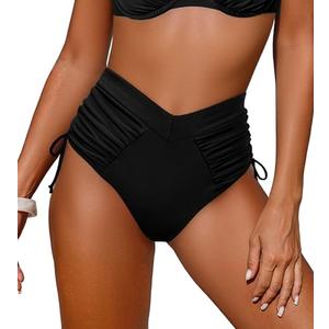 Leoparts Women‘s V Cut Bikini Bottoms Ruched Tummy Control Bathing Suit Bottom High Cut Drawstring Swimsuit Brief, L