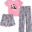 Funnycokid Girls Pajamas 3 Piece Short Sleeve Shirt Top Pants Shorts with Pockets (7-8 Years)