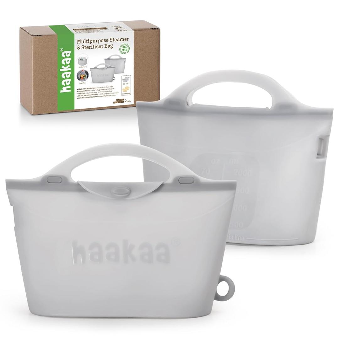 Haakaa Silicone Microwave Steamer & Steriliser Bag, 70oz/2000ml Large Capacity Reusable Steaming Bags for Baby Bottles, Breast Pump, Accessories, Pacifiers,Teethers, Great for Home&On The Go,Grey/2PCS