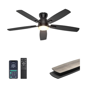 Ohniyou Ceiling Fans with Lights, 52'' Low Profile Ceiling Fan with Light and Remote/APP Control, Modern Flush Mount Ceiling Fan for Indoor Bedroom Living Room, Dimmable, Qiuet DC Motor, Black