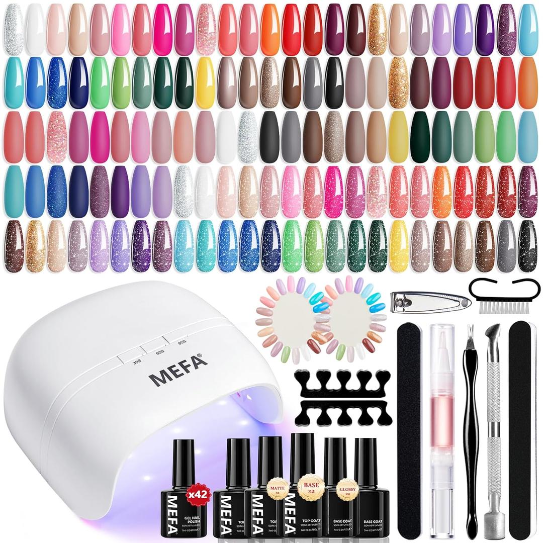 MEFA 42 Colors Gel Nail Polish Kit with U V Light, 50 Pcs All Seasons Collection Colorful Gel Polish Essential Set with 5 Psc Matte/Glossy Base Top Coat, Salon Gifts for Women