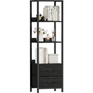 Furnulem 4-Tier Corner Shelf, Bookshelf with 2 Storage Drawers, 57.28Tall Narrow Bookcase, Standing Shelf Organizer Unit for Living Room, Bedroom, Metal Frame, Wood Display Shelf