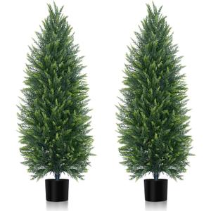5FT Artificial Cedar Topiary Tree, Set of 2 Faux Evergreen Pine Shrubs Plants with Pot, Realistic Fake Plants for Outdoors Indoors Front Porch Christmas Decor
