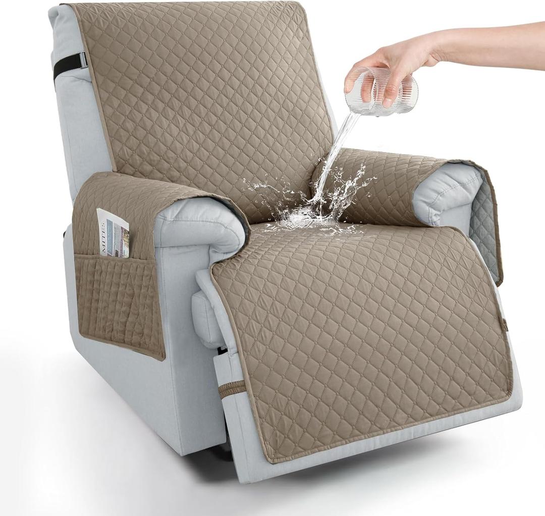 100% Waterproof Recliner Chair Covers 23.6", Non-Slip Recliner Cover for Chair with Pocket Washable Recliner Covers that Stay in Place with Elastic Straps for Dogs Cats Kids Pets-Khaki
