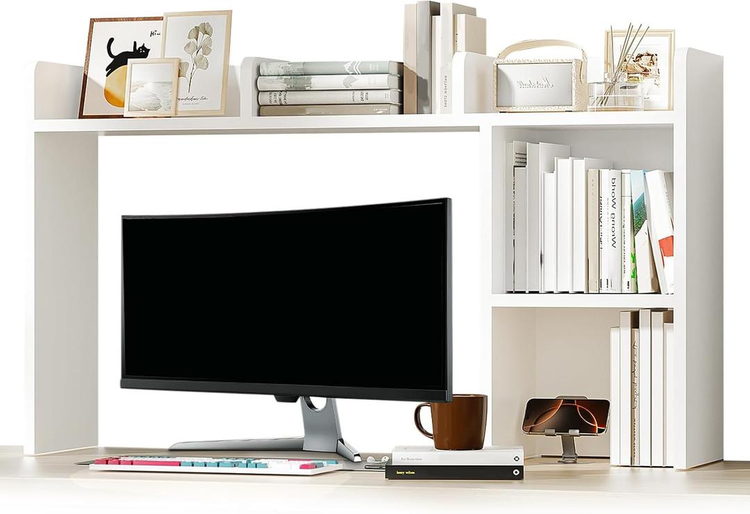 AQQHSAIN Desk Storage Hutch Wood Desktop Book Shelf with 5 Shelves Countertop Desk Hutch for Computer Multipurpose Desk Display Rack Desk Shelf Storage Organizer for Office Dorm Office Home, 37.2 inches x 10 inches x 29 inches