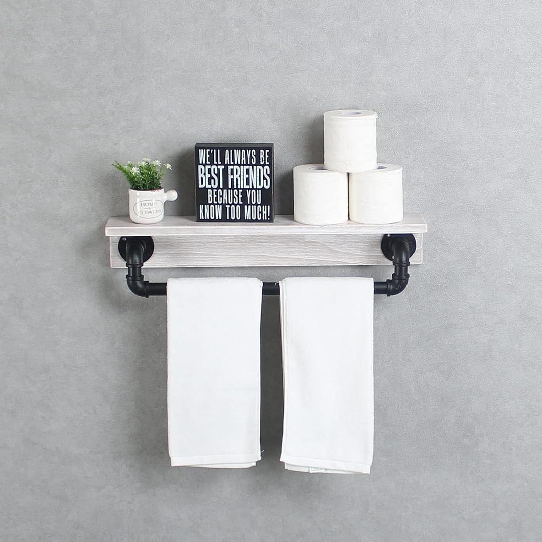 MBQQ Industrial Pipe Shelf,Rustic Wall Shelf with Towel Bar,24" Farmhouse Towel Racks for Bathroom,Floating Shelves Wall Mounted Home Decor Wooden Shelving,Black & White