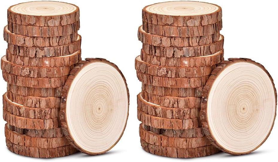 4.3-4.7 inch Unfinished Natural with Tree Bark Wood Slices 30 PCS Natural Round Discs Rustic Wood Slices for DIY Crafts, Table Base, Wedding Decoration,Coasters,Christmas Ornaments.