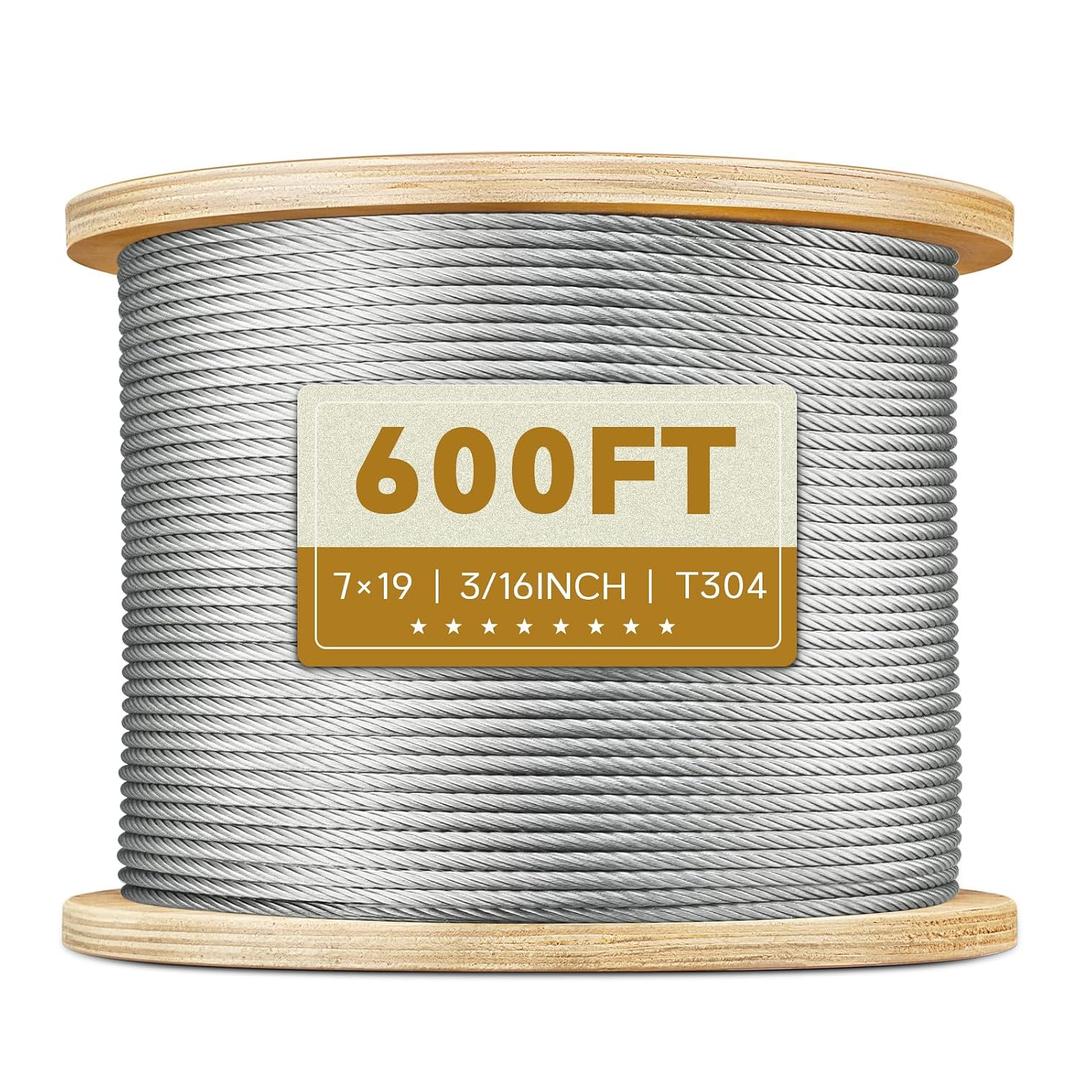3/16" Stainless Steel Cable, 600FT Wire Rope Aircraft Cable for Pulling, Lifting, Deck Cable Railing, String Lights and DIY Balustrade, 7 x 19 Strands Construction