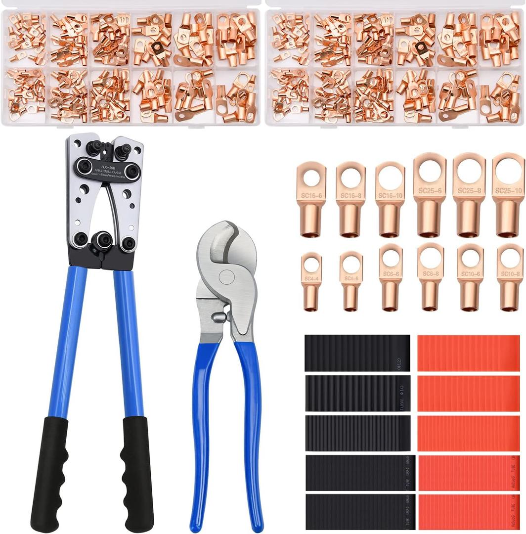 Battery Cable Wire Lug Crimping Tool Kit with 340pcs Copper Wire Lugs, Wire Crimping Tool for AWG 10-1/0 Electrical Lug Crimper, with Cable Cutter, 420pcs Dual Wall Adhesive Heat Shrink Tubing