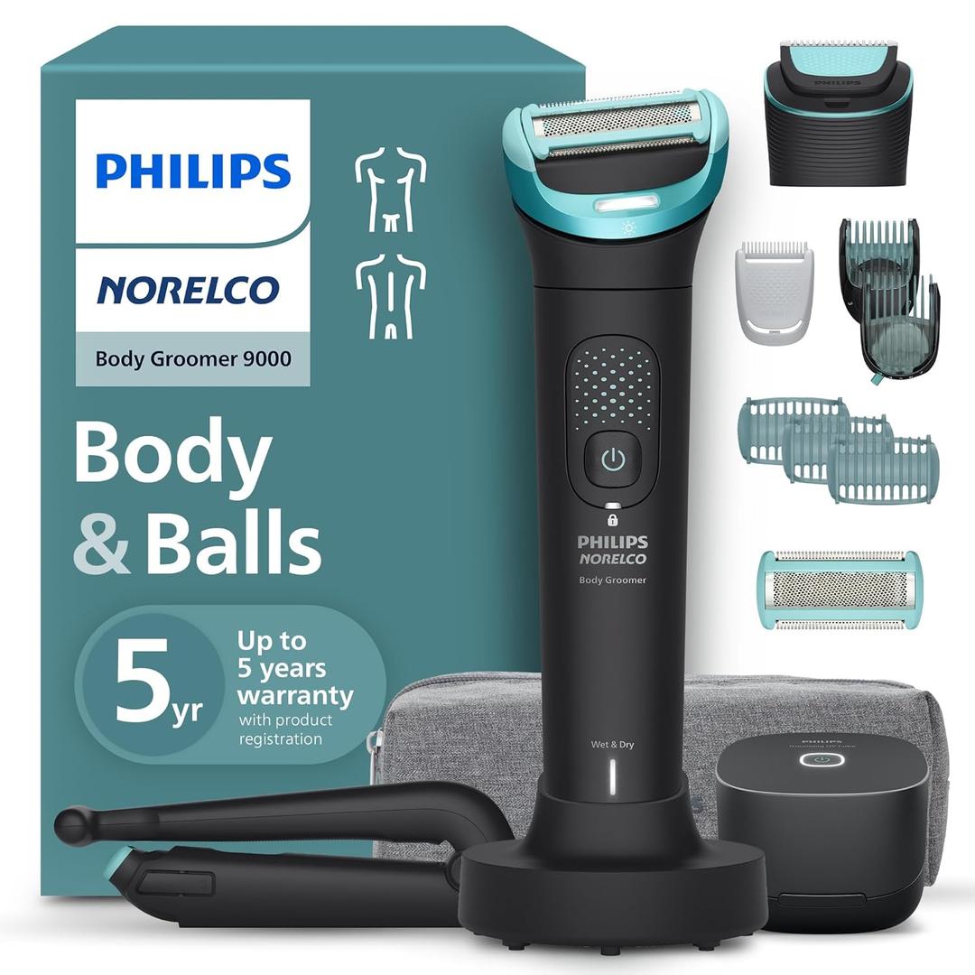 Philips Norelco Body Groomer 9000 Series, Intimate Trimmer for Bi-directional Use & Waterproof Wet Dry Body Shaver System with Foldable Back Attachment & UV Cube Cleaner, BG9485/50 (Black)