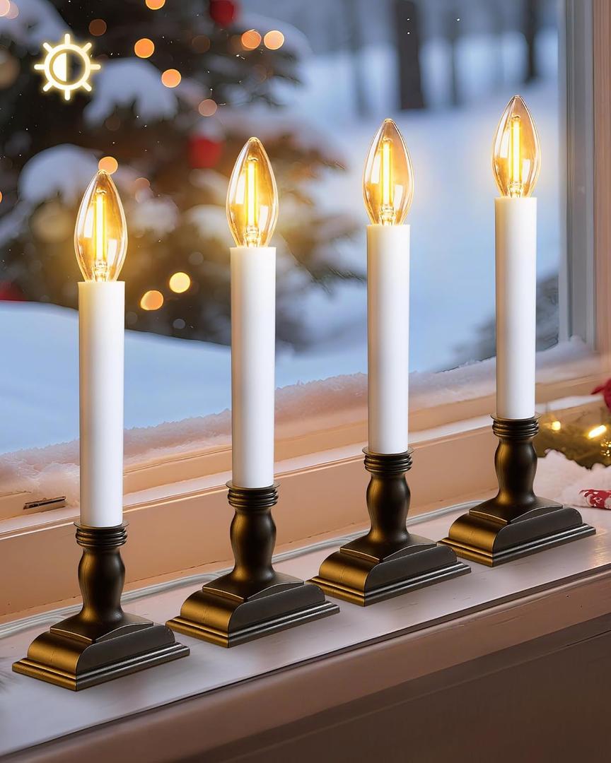 Window Candles with Sensor Dusk to Dawn Electric Corded, 9.6'' Plug-in LED Window Candle Lights with Black Holder and 6ft Cord, Christmas Candles for Windows Decoration, UL Listed, 4 Pack