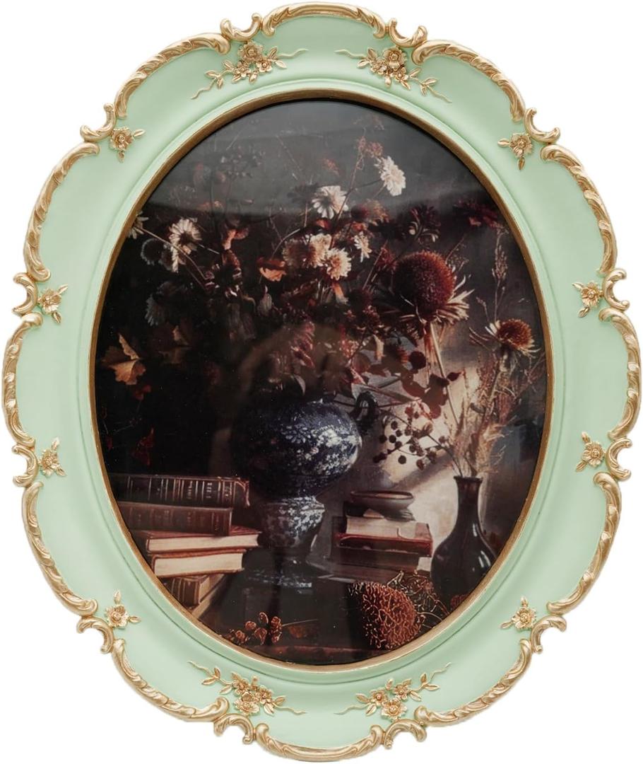 EvruCexul Oval Frame 8x10 - Soft Green Gold Vintage Picture Frames 8x10, Antique Ornate Frames 8 X 10 With Glass Front For Tabletop Photo Display And Wall Hanging, Frame 8 By 10