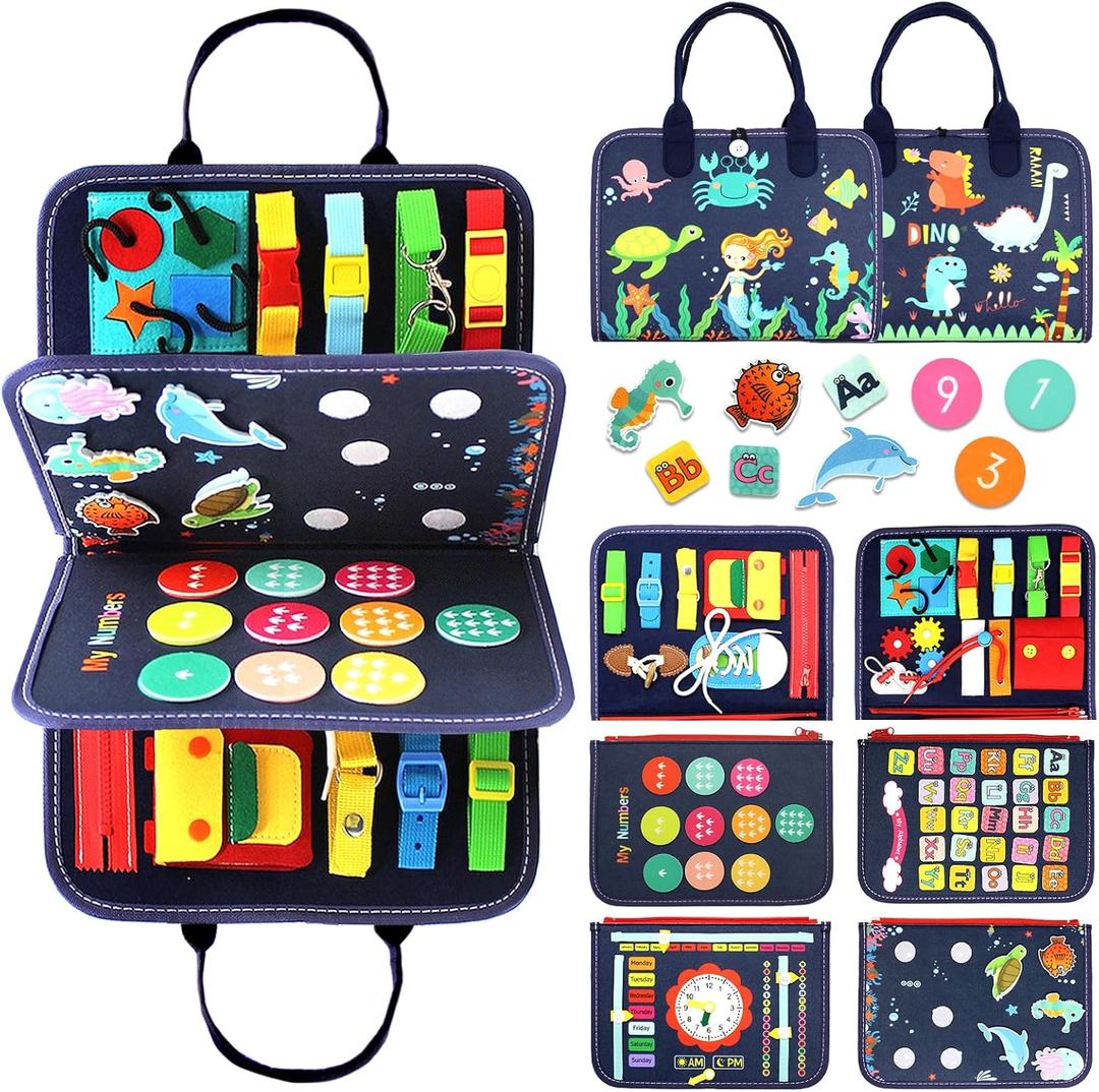 Qizfun Montessori Busy Board & Busy Book for Toddlers Sensory & Learning Toy That Keeps Kids Busy, Travel Toy for Airplane & Car, Screen for Boys & Girls (Blue/P4)