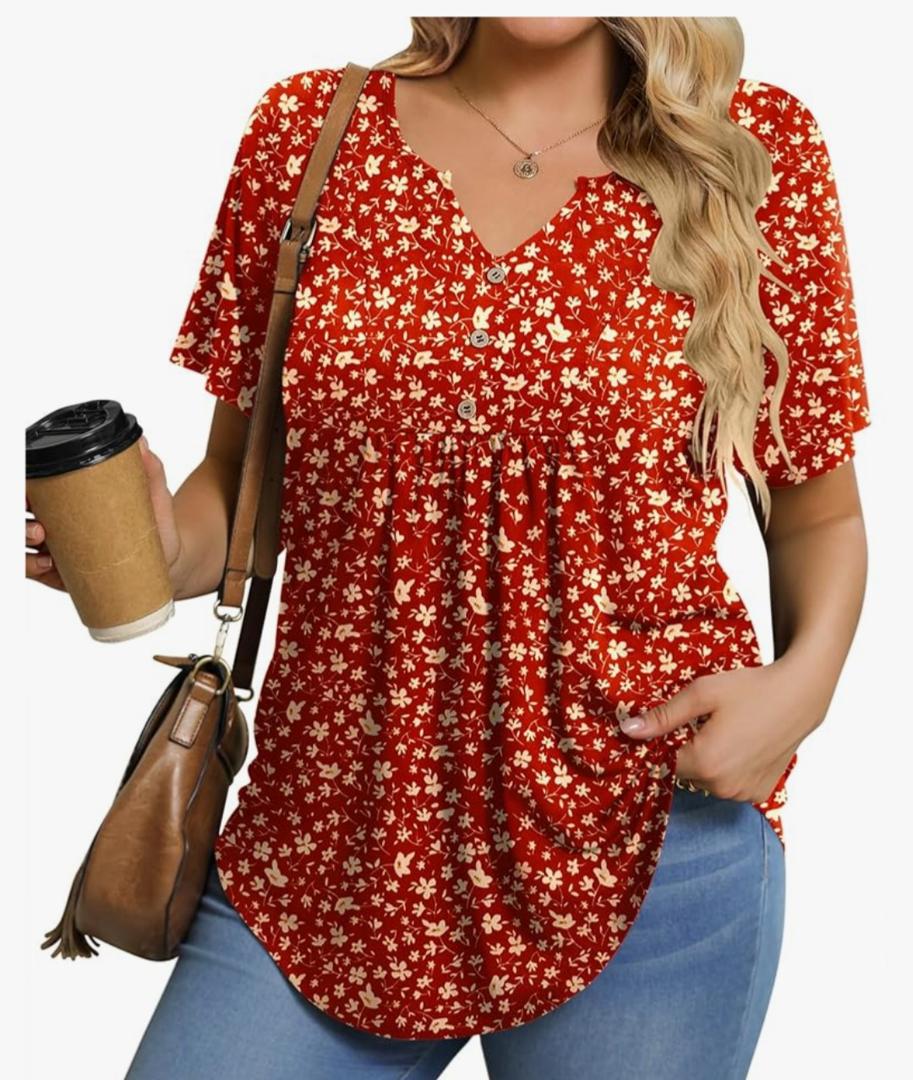 Womens Size Tunic Top Summer Short Sleeve T-Shirt V-neck Button Up Dressy Blouse Casual Pleated Pullover, L