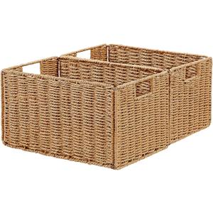 Vagusicc Wicker Storage Basket, Set of 2 Hand-Woven Paper Rope Wicker Basket, Small Storage Baskets for Organizing Toilet Paper Basket, Foldable Large Cube Storage Organizer Bins for Shelves (Natural) (15.2"D x 10"W x 8.6"H)