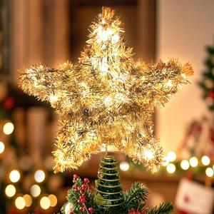 Christmas Tree Topper Star Shiny Gold Tinsel Star Tree Topper 10 Inch Lighted Tree Topper Battery Operated Christmas Tree Decoration for Holiday Indoor Decoration Warm White Light