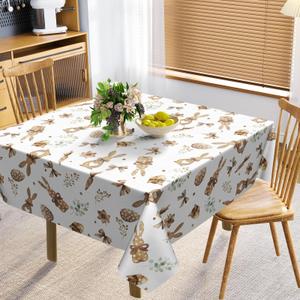 Happy Easter Tablecloth Square 54x54 Inch Easter Eggs Bunny Carrots Table Cloth,Stain Resistance Polyester Spring Rabbits Brown Table Covers for Kitchen Dining,Small Tablecloths for Party Picnic