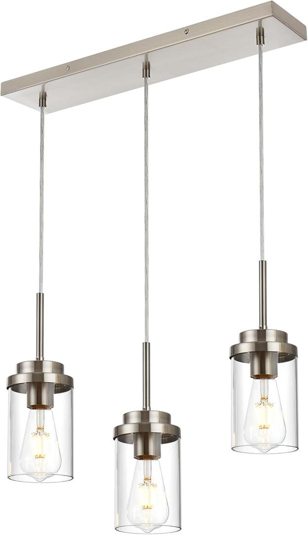 MELUCEE Kitchen Pendant Lighting Over Island 3 Lights Linear Chandelier Brushed Nickel Finish Dining Room Light Fixtures Ceiling Hanging Lamp with Clear Glass Shade, 20.5 Inches Length, 3 Lights-1 Pack Linear