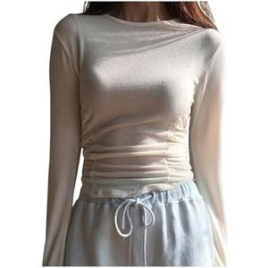SweatyRocks Women's Ruched Long Sleeve T Shirt Sheer Crewneck Slim Fit Tee Tops, M