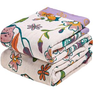 MSGKV Boho Throw Blanket 50"x60" Floral Blanket for Couch Sofa 100% Cotton Summer Breathable Lightweight Farmhouse Blankets All Seasons Home Decor Muslin