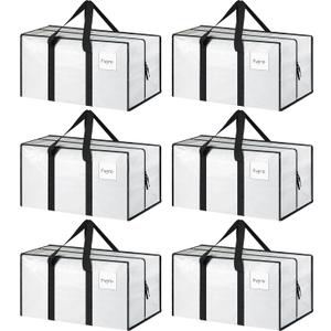 6 Pack Extra Heavy Duty Large Moving Bags with Strong Zipper & Comfortable Handles, Sturdy & Durable Clothes Storage Bags Totes Bins, Packing Moving Boxes for College Supplies, White