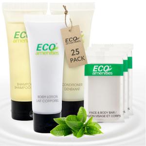 Eco Amenities - Set of 4 Bar Soaps, Shampoo, Conditioner, Body Lotion (1 oz 100 Piece Set - 25 Bar Soaps, 25 Shampoo, 25 Conditioner, 25 Body Lotion)