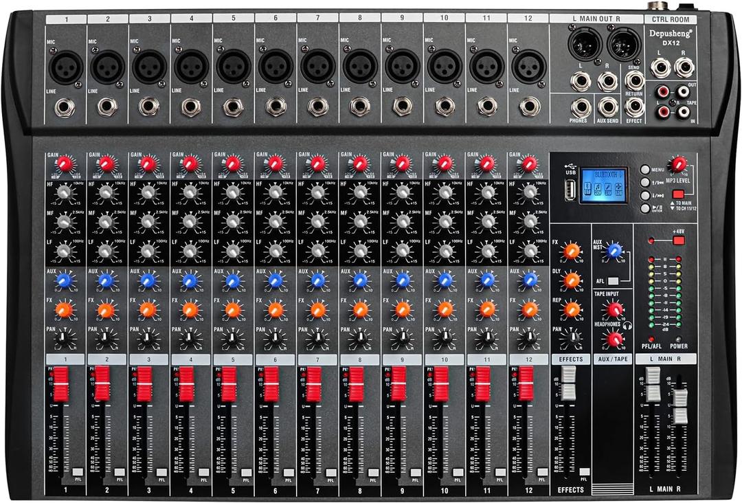 Depensheng DX12 DJ Sound Controller Interface w/USB Drive for Computer Recording 12-Channel Studio Audio Mixer - XLR Microphone Jack, 48V Power, RCA Input/Output for Professional and Beginners