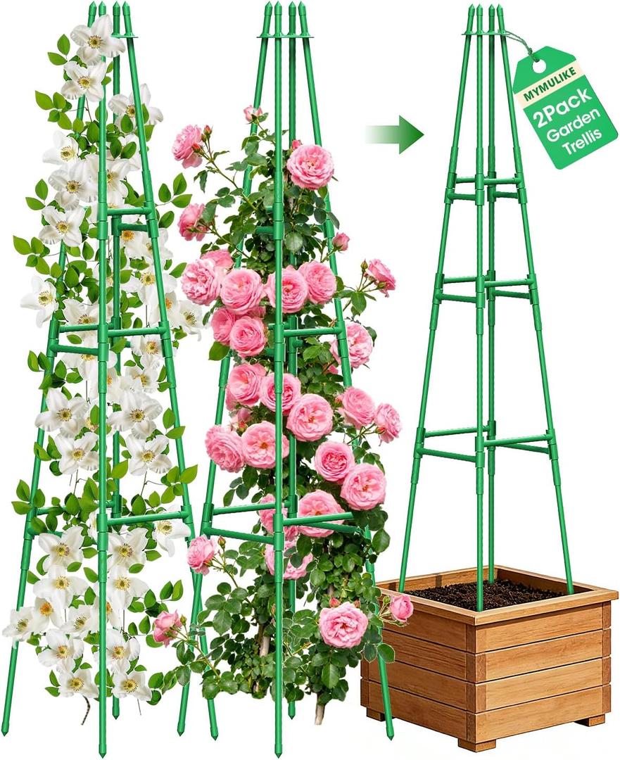 MYMULIKE 2 Pack Garden Trellis for Climbing Plants Outdoor, 6FT Plant Trellis Support for Climbing Vine, Plant Support Tower Cages Plastic Coated Metal Pipe Supports for Outdoor Indoor,Tomato cage
