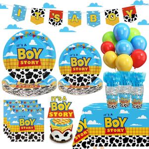 Boy Story Baby Shower Decorations, 25 Guests Includes Cardstock Plates Tableware | Tablecloth | Banner | Balloons | Cake Topper for It’s a Boy Story Baby Shower Themed Party Decorations