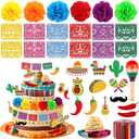 Hooqict 33Pcs Fiesta Cake Decorations Set with Mini Papel Picado Banner, Serape Ribbon, Cactus, Taco and Flower Mexican Cake Toppers & Cupcake Toppers for Cinco de Mayo Mexican Theme Party Decorations