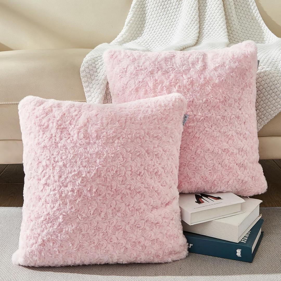 18 x 18 Pink Throw Pillow Covers Couch Throw Pillow Cases for Living Room Bed Room Faux Rabbit Fur with Rose Pattern Square Light Pink Cushion Covers for Bed Couch Sofa Chairs