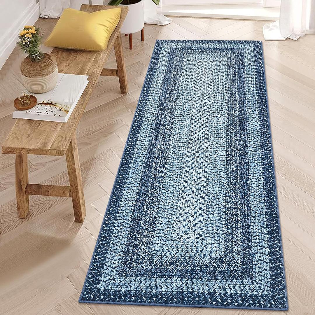 RUGSREAL 2x6 Runner Rug Braided Print Hallway Runner Rug Boho Rug Machine Washable Throw Floor Cover Non Slip Moroccan Carpet for Kitchen Farmhouse Rustic Runner for Living Room Bedroom, Blue