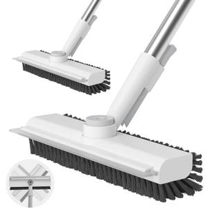Floor Scrub Brush with Long Handle, 3 in 1 Scrape and Heavy-Duty Stiff Bristle Scrubber Brush for Cleaning Shower Bathroom, Patio, Garage, Kitchen, Wall and Deck (White, 2 Pack)