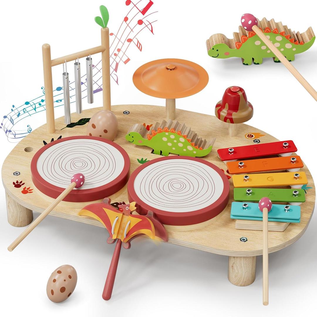 Lehoo Castle Baby Drum Set, Wooden Musical Instruments, Montessori Toys for Toddlers 1-3, Percussion Set with Xylophone Maracas Egg Shaker Drum Sticks, Preschool Christmas Birthday Gift (Dinosaur)