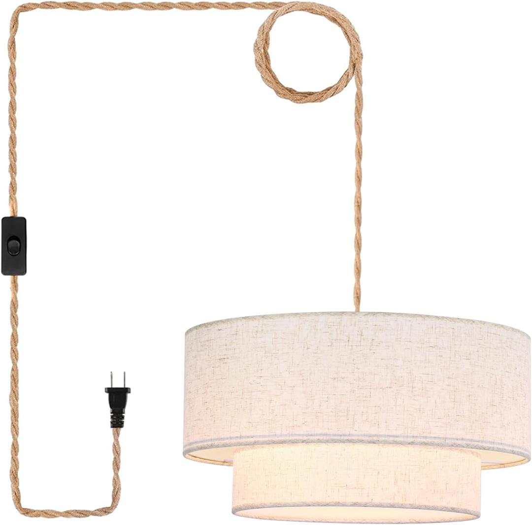 Plug in Pendant Light, 2-Tier Drum Linen Pendant Lights with 15.7FT Handmade Woven Light Cord17.7" Plug in Chandelier for Dining Room Kitchen Island and Bedroom (Beige)