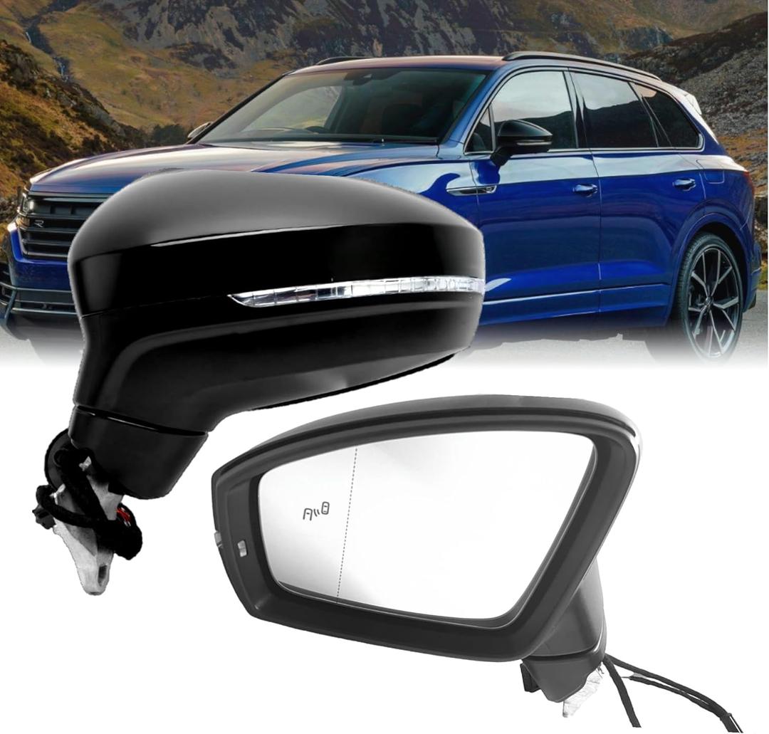 Left Driver Side Mirror Compatible With Volkswagen Tiguan 2018-2023 With Heated/Power Mirror,With Blind Spot Indicator/Signal Light (6+2 Pins) Black