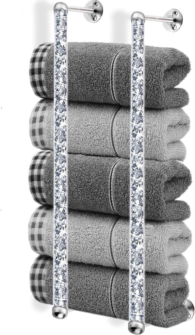 Meetart Towel Racks for Bathroom,Crystal Crushed Diamond Wall Towel Bar,2 Bar Mounted Bathroom Towel Organization for Rolled Towels,Rolled Blanket.20 (Silver)