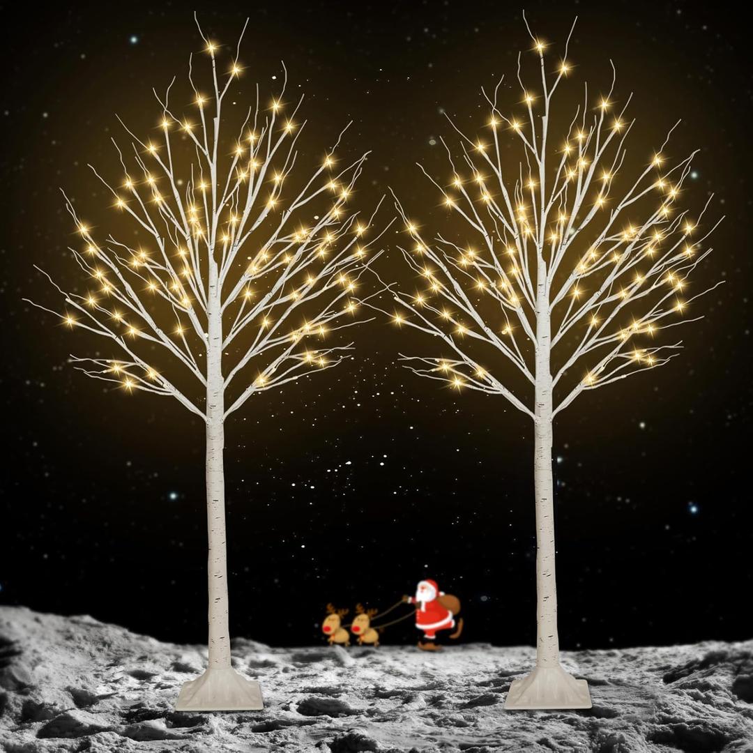 2 Pack 5FT 200LED Christmas Lighted Birch Tree, Timer Function Prelit Artificial Tree Lamp Plug in with Warm White Lights, 2 Modes Twinkling Twig Trees for Indoor Outdoor Party Christmas Decorations