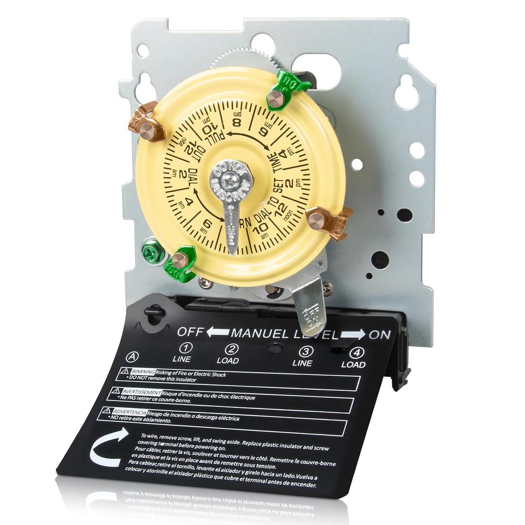 T104M Mechanical Timer Switch Mechanism Only, 208-277V VAC DPST 5HP 40A,24-Hour,12 ON/Off Cycles.Heavy Duty Timer for Lights,Fans,HVAC,Heavy-Duty Mechanical Time Switches.