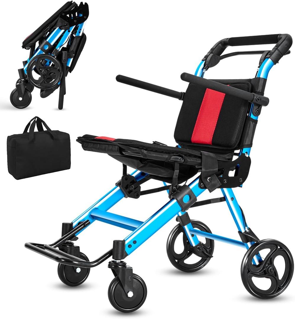Wheelchairs for Adults,Transport Wheelchair Lightweight Foldable Chairs with Handbrakes,Portable Wheelchair Travel Wheel Chairs for Seniors,Walkers for Seniors Support 300lbs(Blue)