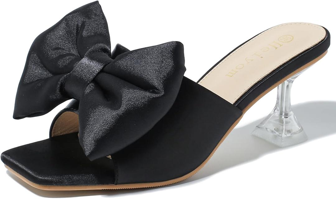 Heiyom Women's Bow Clear Heels Slippers Dress Sandals Square Toe Stiletto Mules Slip on Wedding Prom Shoes, Size 46