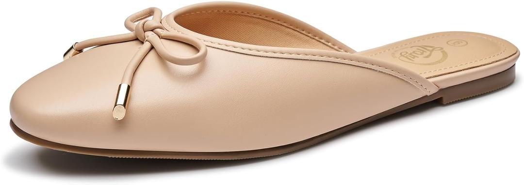 Trary Mules for Women 2025, Womens Mules Slip on Comfortable Bow Pointed Toe Womens Loafers, Backless Flats Mules Shoes for Women with Knot (Nude), 9.5
