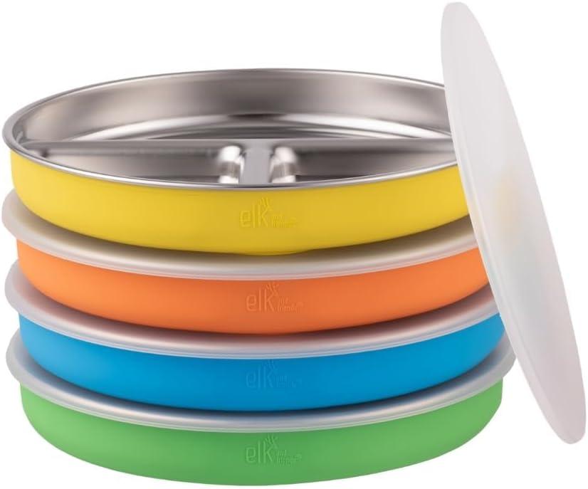 Elk and Friends Stainless Steel Divided Plates with Normal Sleeve for Babies & Toddlers | Lids Included Dinner & Snack Plates | 4 Pack (Green/Orange/Yellow/Blue)