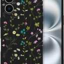 RALEAVO Floral Case for iPhone 16 Plus,Liquid Silicone Cover with Cute Flower Branch Pattern for Girls Women Slim Soft Rubber Protective Phone Case for iPhone 16 Plus (6.7"),Black