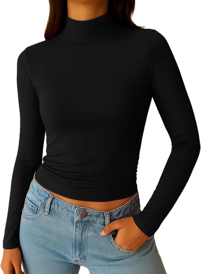 ForeFair Womens Turtleneck Mock Neck Long Sleeve Shirts Going Out Double Lined Crop Tops Slim Fitted Basic Tee (X-Small, Black)