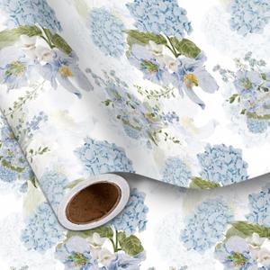 LeZakaa Floral Wrapping Paper Roll, Blue Hydrangea Flowers Party Gift Wrap for Wedding, Bridal Shower, Baby Shower, Anniversary, Mother's Day, Birthday, 17 inches x 16.4 Feet (23.2 sq.ft.)