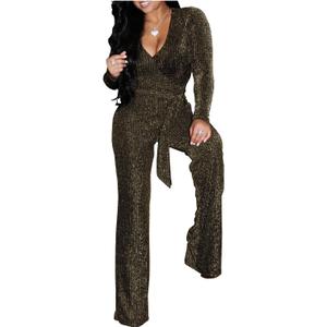 LightlyKiss Women Casual Sexy V Neck Sparkly Jumpsuits Long Sleeve Onesie Loose Pants Party Clubwear with Belt (Medium, Gold)