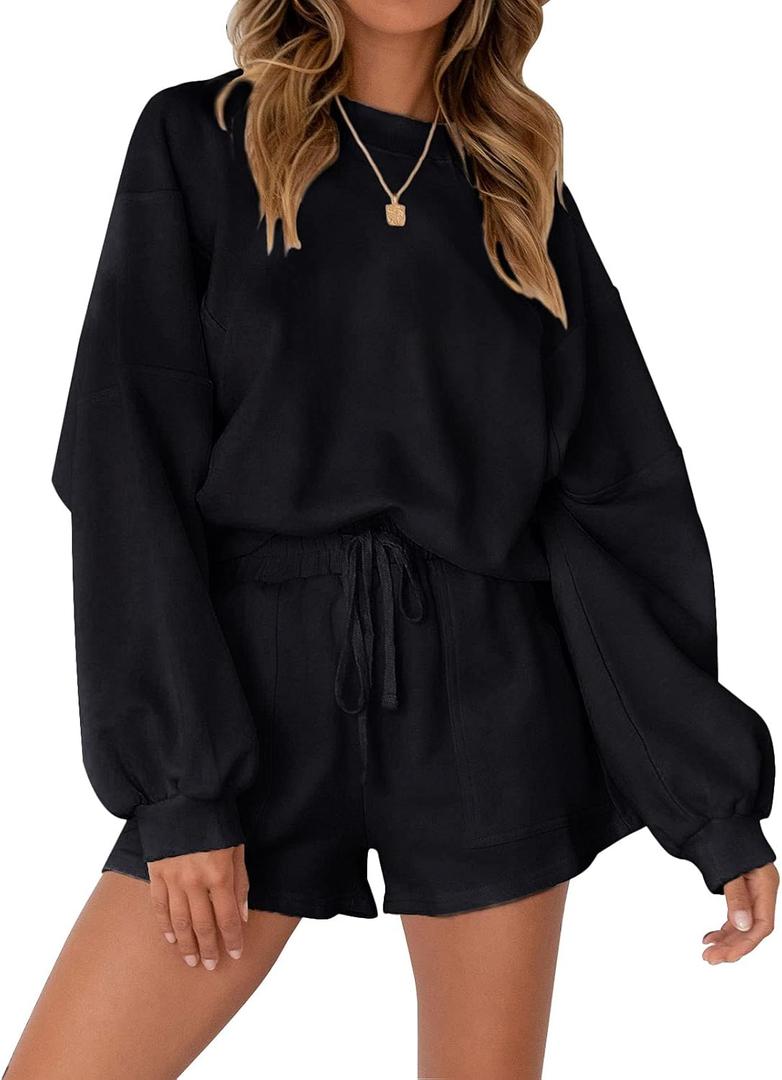 MEROKEETY Women's 2025 Fall Oversized Batwing Sleeve Lounge Sets Casual Top and Shorts 2 Piece Outfits Sweatsuit (Medium, Black)