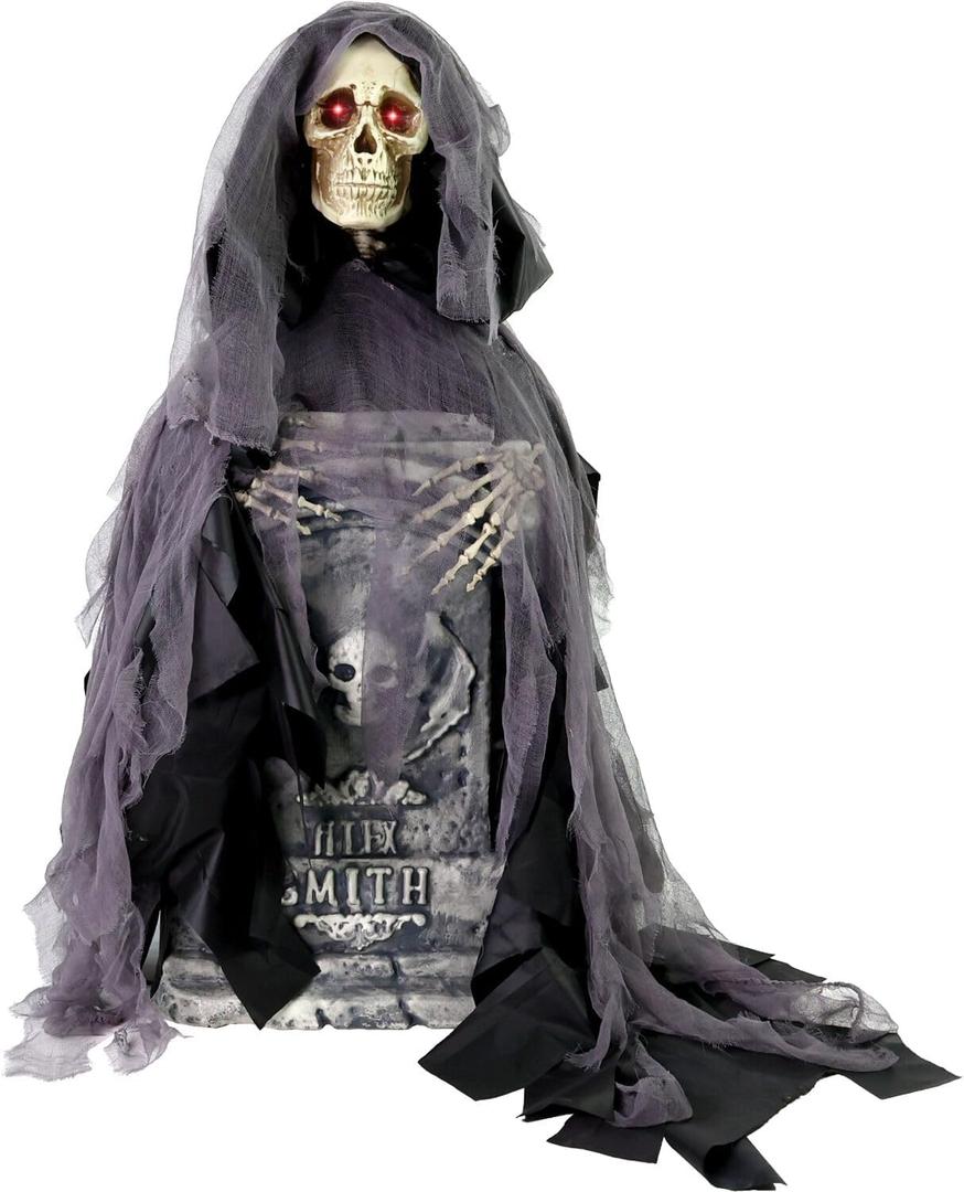 Haunted Hill Farm 3-Ft Rising Reaper with Tombstone, Halloween Accessory, Creepy Horror Movie Skeleton Prop, Spooky Occult Skull Dcor, Scary Indoor Party Decoration, Touch-Activated Lights & Sound